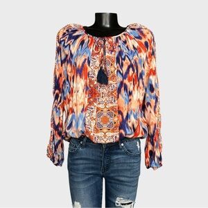 Faded Glory XL Bohemian Multicolor Blouse Lightweight Tassel Tie Keyhole Neck